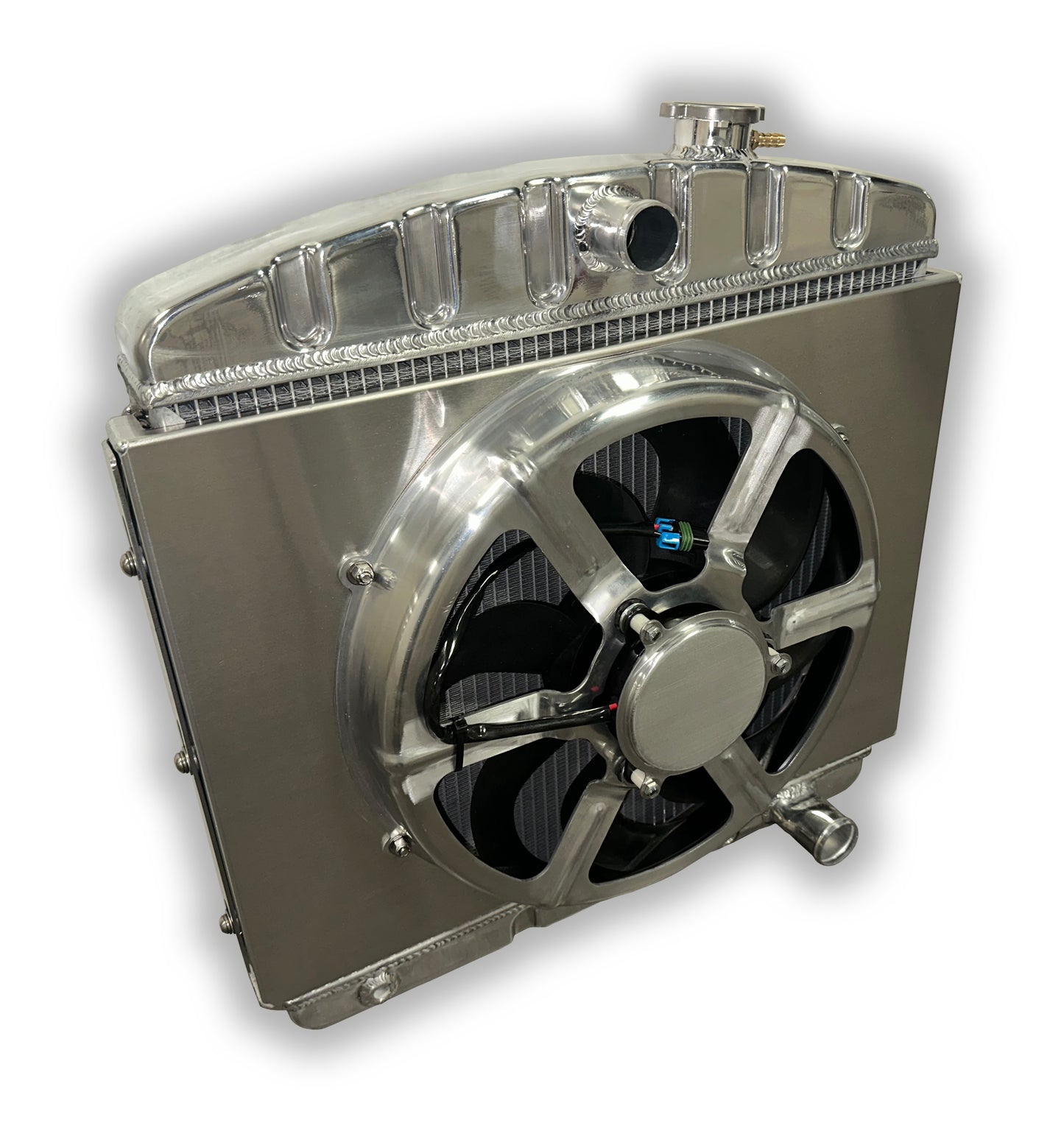 1955 - 1956 Chevy 6 Cylinder or BBC Mount Radiator (grille side mount) - 16" 3300 HPX Fan And Shroud- HD3 Dual 1-1/4" Tubes - High Horsepower
