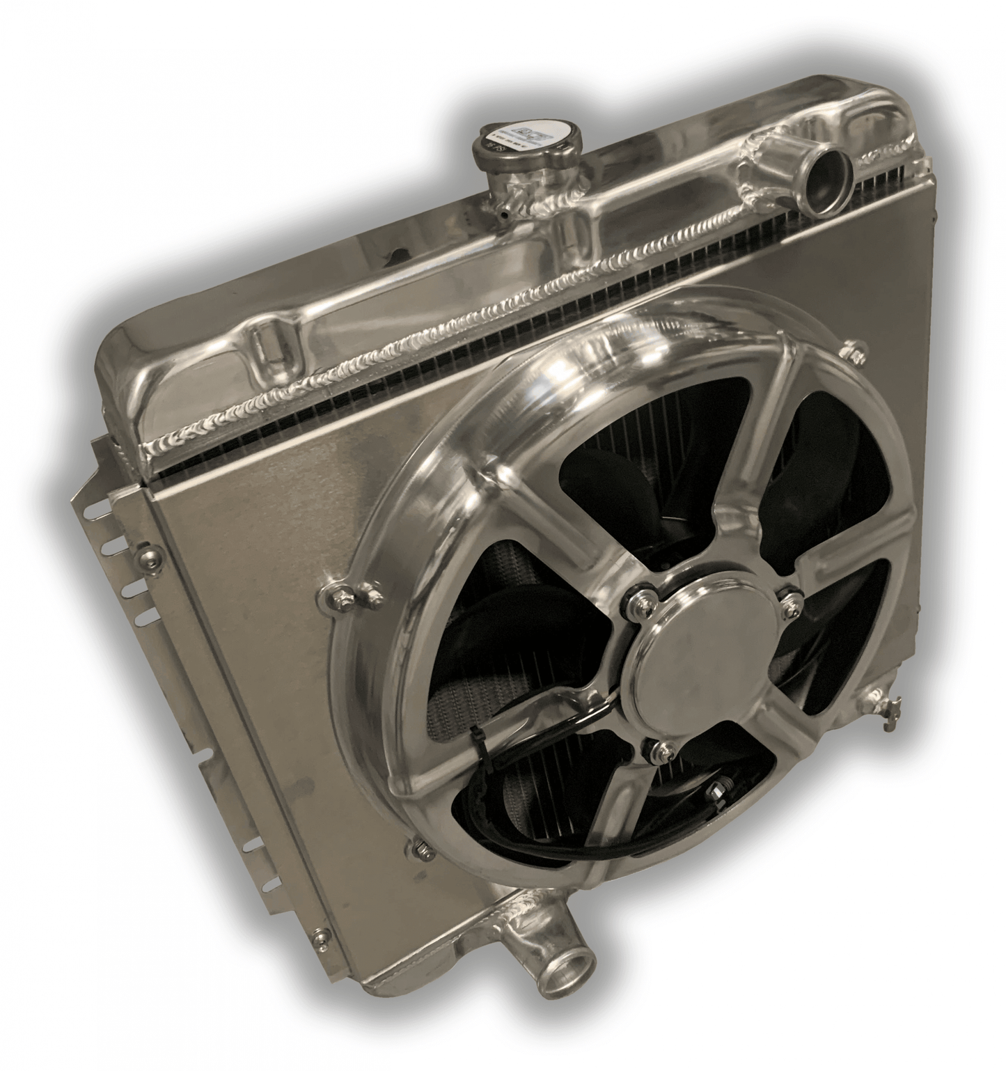 1967 - 1970 Mustang Aluminum Radiator 22" DS Outlet - 16" HPX 3300 CFM FAN And Aluminum Shroud