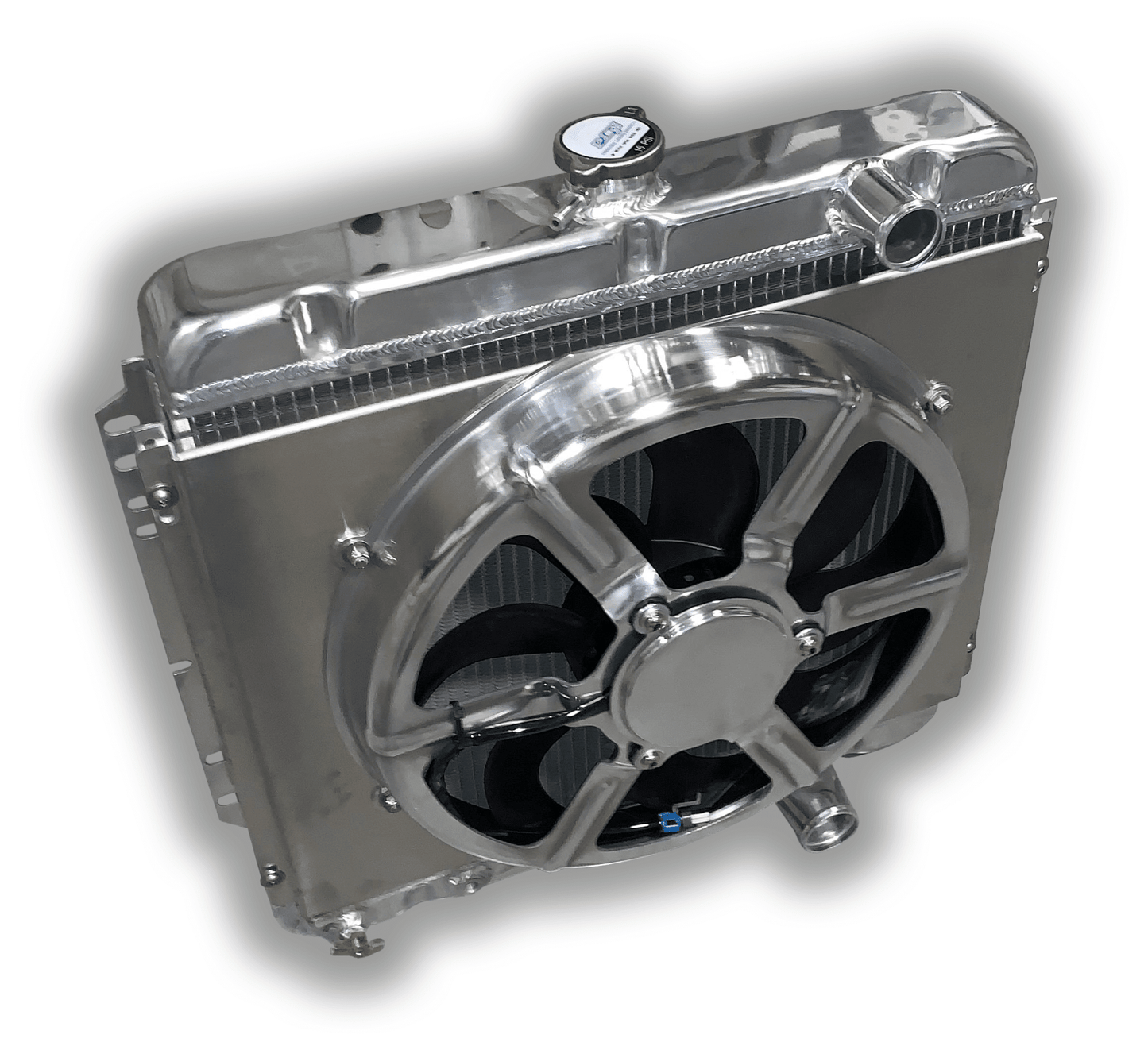 1967 - 1970 Mustang Aluminum Radiator 22" PS Outlet - 16" HPX 3300 CFM Fan And Aluminum Shroud