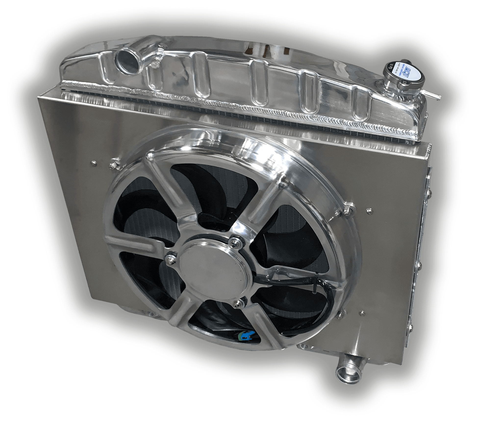 1957 Chevy Aluminum Radiator - 6 Cylinder Or Big Block Mounting - 3300 CFM Fan And Shroud