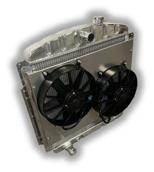 1953 - 1956 Ford F100 F150 Truck HD Aluminum Radiator  - DS Inlet - Dual 11" HD Fans With Shroud